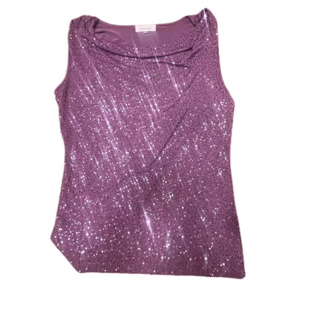Calvin Klein Purple Sequin Cowl Neck Sleeveless Party Top Small